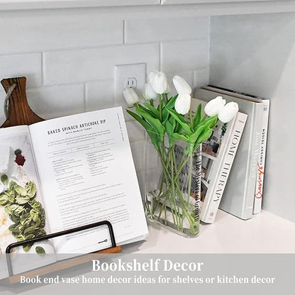 Puransen Clear Book Flower Vase - Floral Bookshelf Decor, Acrylic Flower Holder & Space-Saving Organizer, Modern Home Office/Study Desk Minimalist Aesthetic (Not Including Flowers)