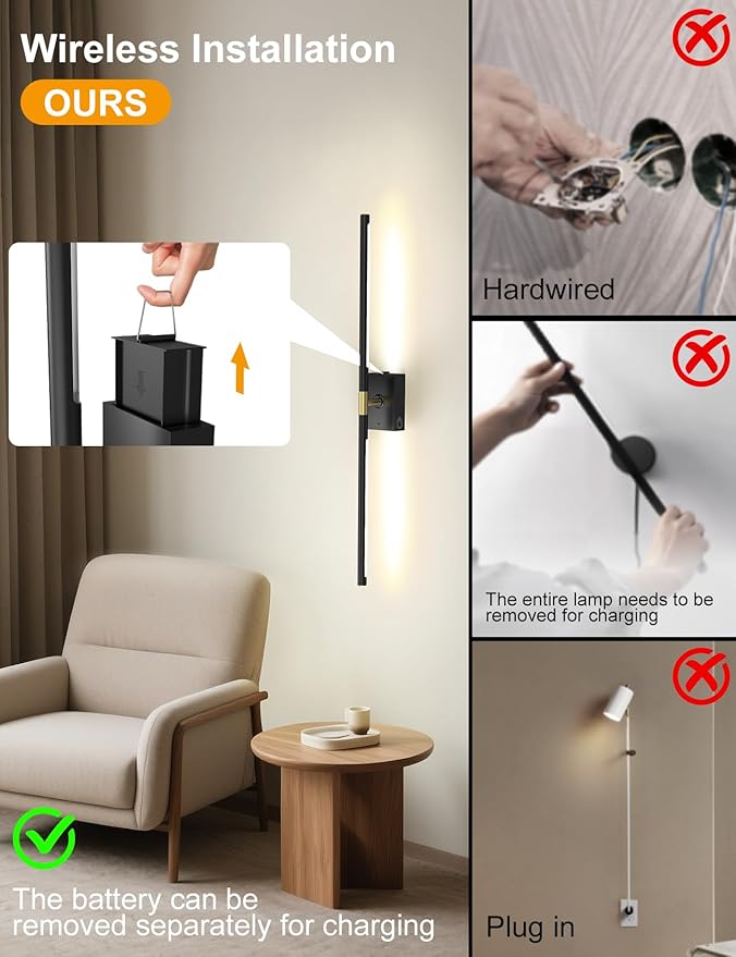 Battery Operated Wall Sconces Set of 2, 10000mAh Rechargeable Wall Lights, Easy Install 360° Rotate 3000K-6000K LED Wireless Wall Light Decor for Bedroom Living Room Hallway Picture Lighting Gallery