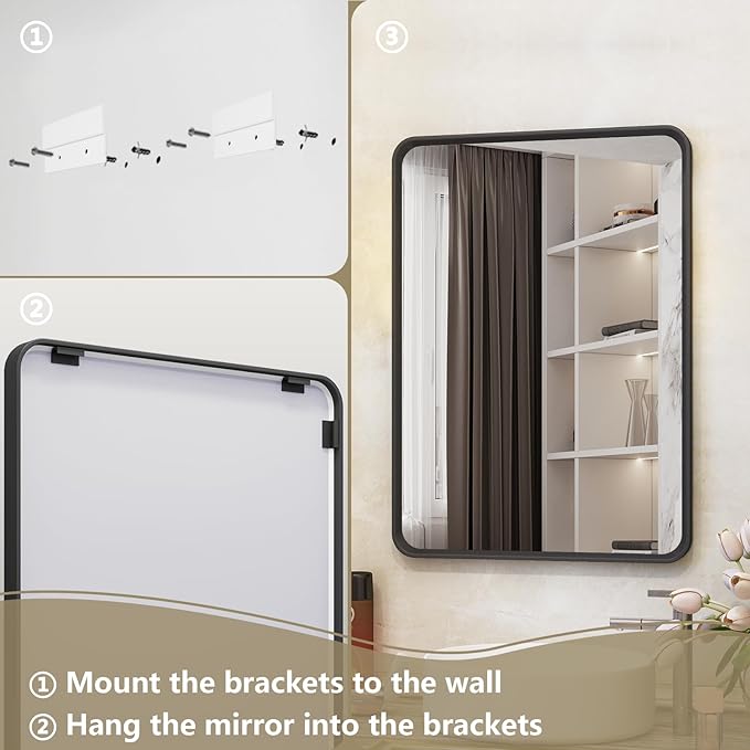 OKPAL 55X40 Inch Matte Black Bathroom Mirror, Black Framed Bathroom Vanity Mirror, Black Rectangle Mirror, Round Corner, Rustproof, Shatter-Proof (Horizontal/Vertical)