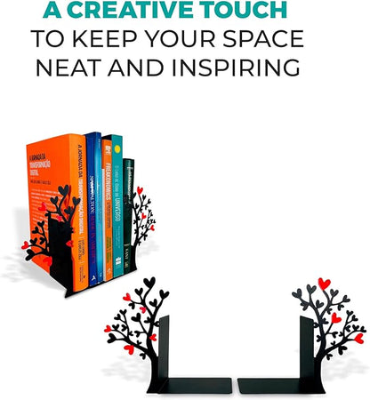 GEGUTON Heart Tree Bookend – Steel Epoxy-Coated – Decorative Book Support Pair for Home Office, Living Room or Gift