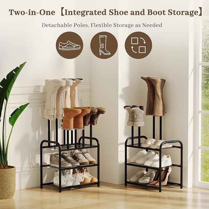 Shoe Rack - 3-Tier Metal Boot Rack Organizer for Entryway, Closet & Garage, Free Standing Shoe Shelf for Storage Tall Boots, Sneakers, Cowboy Boots, Black (Small - 4 Pairs)