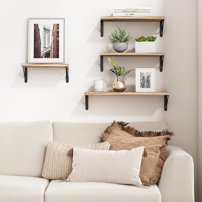 YGEOMER 4 Pack Wall Shelves Floating Shelves for Bedroom, Bathroom Storage, Living Room and Kitchen Farmhouse Decor(Different Sizes)