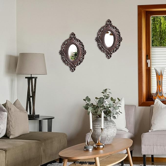 Cityelf 2 Set Oval Wood Carved Wall Mirror Baroque 3D Relief Rustic Home Decor Small Decorative Hanging Mirrors for Living Room, Bedroom Entrance Wall Sculpture