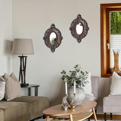 Cityelf 2 Set Oval Wood Carved Wall Mirror Baroque 3D Relief Rustic Home Decor Small Decorative Hanging Mirrors for Living Room, Bedroom Entrance Wall Sculpture