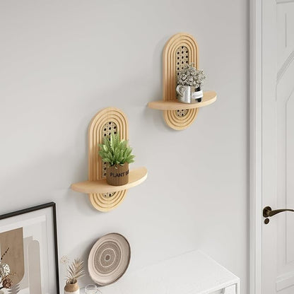 Wooden Arched Floating Shelf - Boho Decor Wall-Mouted Shelves Book Display Rattan Shelf for Bedroom Living Room Bathroom Nursery Home Office 14.5" x 11.6"