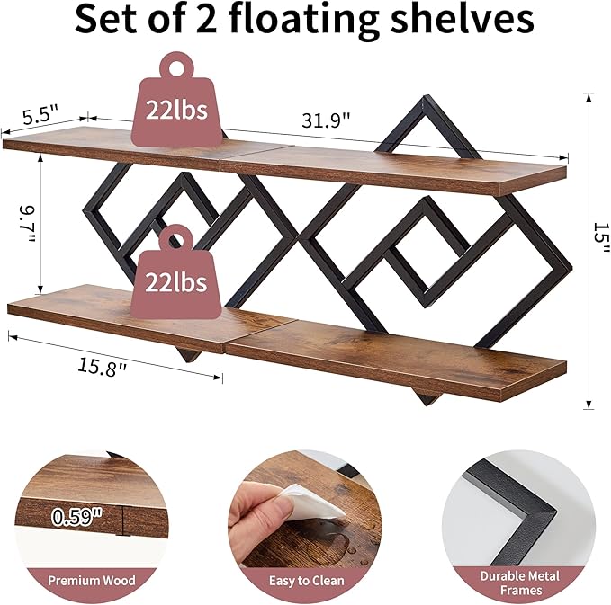 Set of 2 Floating Shelves Farmhouse Wall Shelves 2-Tier Decorative Hanging Shelves Wall Mounted Bathroom Shelves Wooden Wall Decor Shelf (Dark Brown)