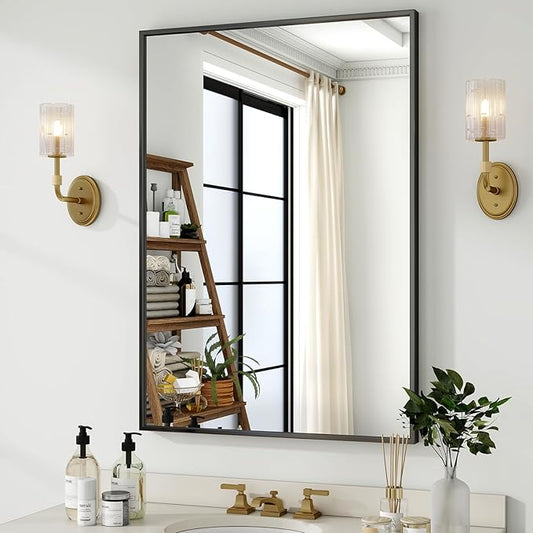HARRITPURE 38"x26" Rectangular Bathroom Mirror Vanity Wall Mirrors Aluminium Alloy Frame Wall-Mounted for Over Sink Entryway Bedroom Living Room Black