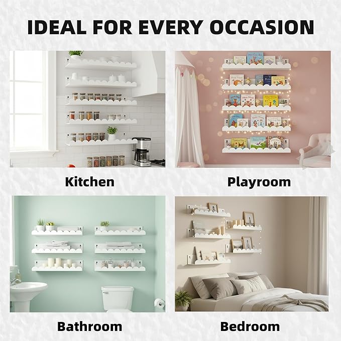 Nursery Book Shelves Set of 6, White Metal Floating Shelves for Wall, 16 Inch Scalloped Book Shelf for Kids Room, Bathroom, Bedroom, Playroom Wall Decor & Storage