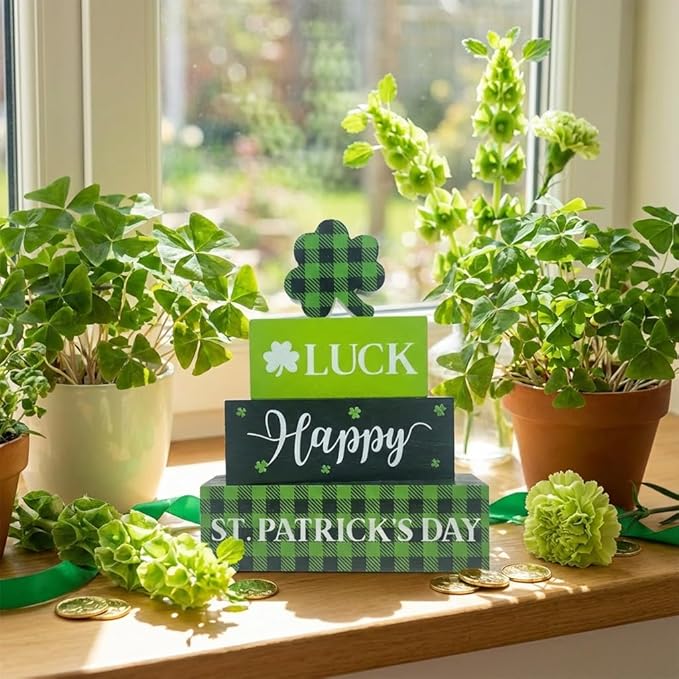 St. Patrick's Day Decorations, 4 Pcs Wooden St. Patrick's Day Table Decorations, Shamrock Tiered Tray Decor, Wooden Table Sign for Desk Shelf Mantel Centerpiece, Indoor Home Decor