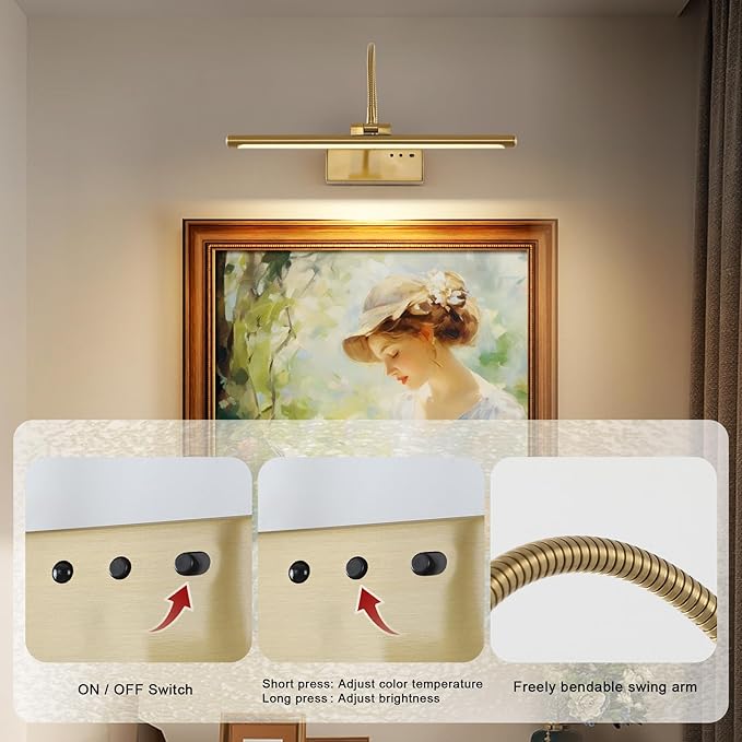 JOOSENLUX Rechargeable Picture Light with Remote Control - 3 Color Temperatures, Timer, Flexible Neck for Artwork & Piano Lighting, 5000mAh Battery, Brass Finish 2700K CRI95+