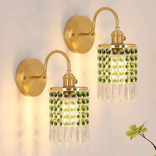 Set of 2 Crystal Battery Operated Wall Sconce, Rechargeable Battery Powered Wall Lamp with Remote Control, Modern Dimmable Wall Lights for Bedroom Bathroom(Green, Gold Base)
