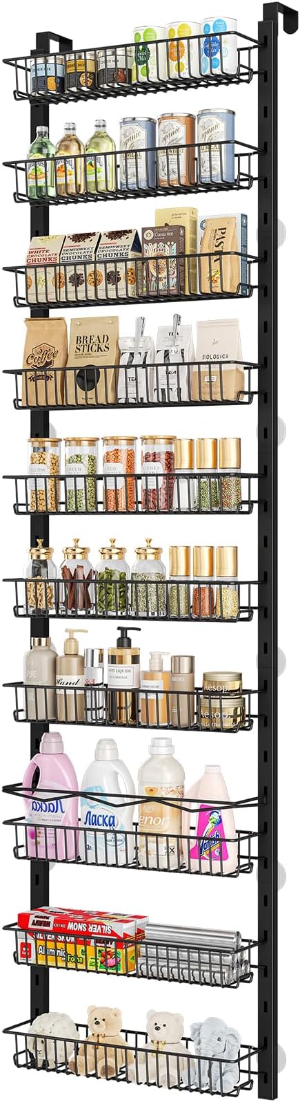 MIAOLI Over the Door Pantry Organizer, 10-Tier Adjustable Spice Rack Cabinet Door Shelves, Hanging Seasoning Organizer for Kitchen Bathroom, Laundry Room Organization, Black