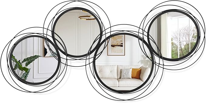 Round Decorative Wall Mirror, Black 4 Pcs Circle Modern Mirror Wall Art Ring Metal Mirrors Wall Mounted for Living Room Bedroom Entryway Dining Room Hallway 16x32 Inch