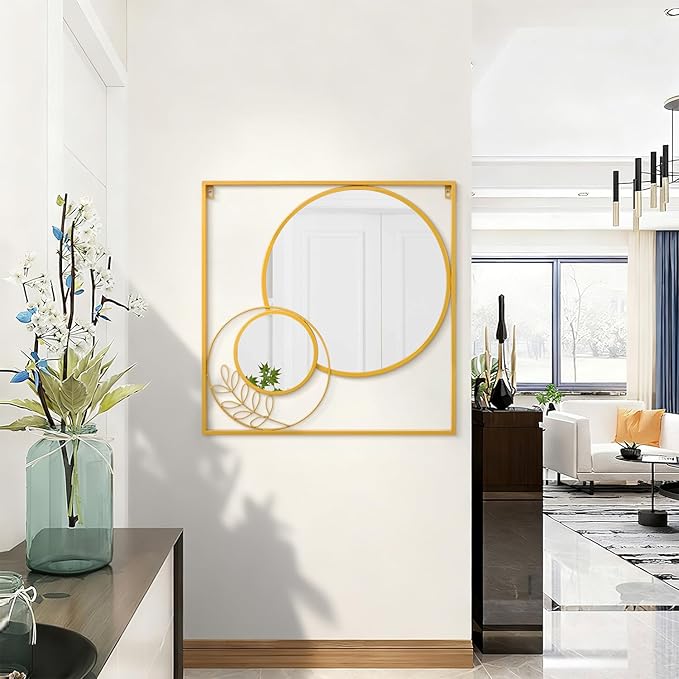 Gold Metal Mirror Set, Square Large Wall Mounted Mirror Golden Modern Artistic Decorative Mirrors for Bedroom Living Room Entryway 30x30 Inch Decor