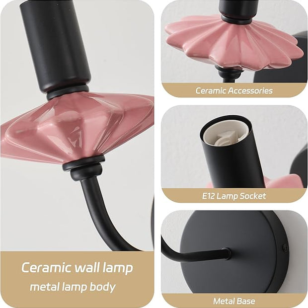 Modern Retro Wall sconces Set of Two with Pink Ceramic Flower Decoration,Black Wall Lights, Hardwired Vintage Vanity Light for Bathroom, Living Room, Bedroom, and hallways.
