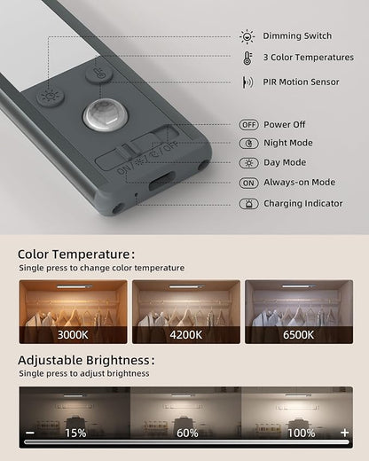 EZVALO 14.5inch Under Cabinet Lighting, 3200mAh Rechargeable Motion Sensor Lights Indoor 3 Color Temps, Magnetic Stick On LED Closet Lights Wireless, Dimmable Under Counter Lights for Kitchen- 2 Pack