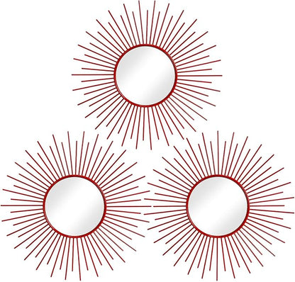 3 Pack Metal Mirrors for Wall Sunburst Wall Mirrors Home Décor Decorative Hanging Wall Art for Living Room Bedroom Entryway (Red, Sunburst)