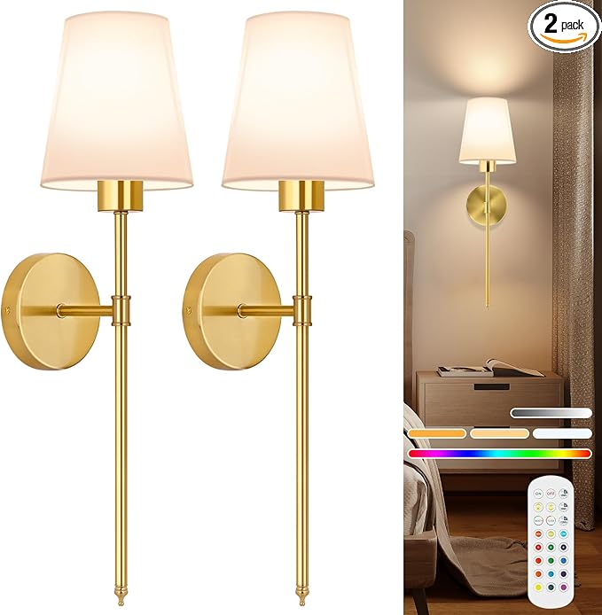 TISLYCO Battery Operated Wall Sconces Set of 2, Gold Rechargeable Wall Lamps with 2500mAh Magnet Detachable Dimmable Remote Bulbs,12 RGB Colors & 3 Color Temperatures Wireless Wall Lights for Bedroom