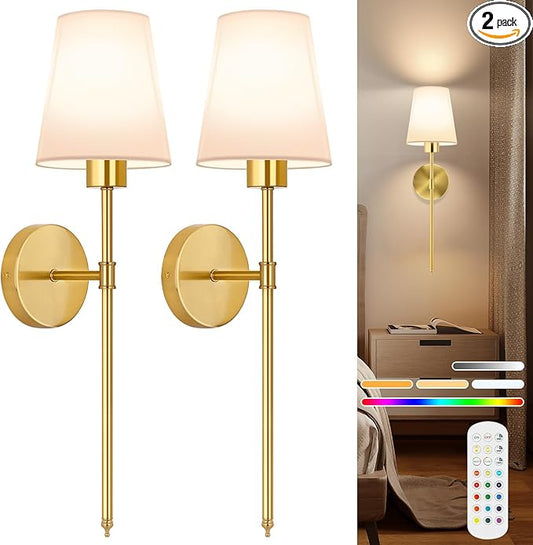 TISLYCO Battery Operated Wall Sconces Set of 2, Gold Rechargeable Wall Lamps with 2500mAh Magnet Detachable Dimmable Remote Bulbs,12 RGB Colors & 3 Color Temperatures Wireless Wall Lights for Bedroom