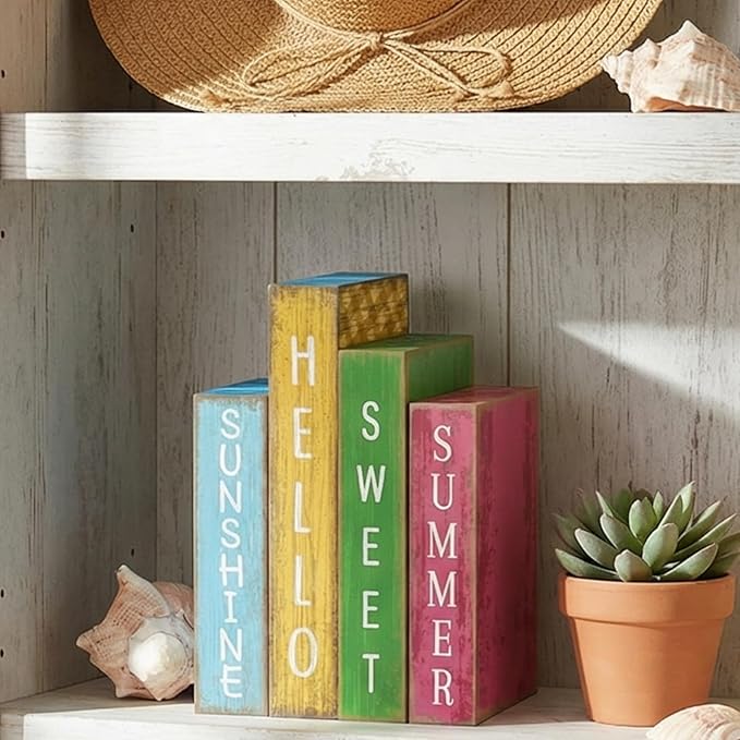 4 Pcs Summer Table Decoration Wooden Book Hawaii Beach Decoration Blue Yellow and Red Summer Tiered Tray Decor Wood Book Sign Farmhouse for Hawaii Party Home Shelf Coffee Table