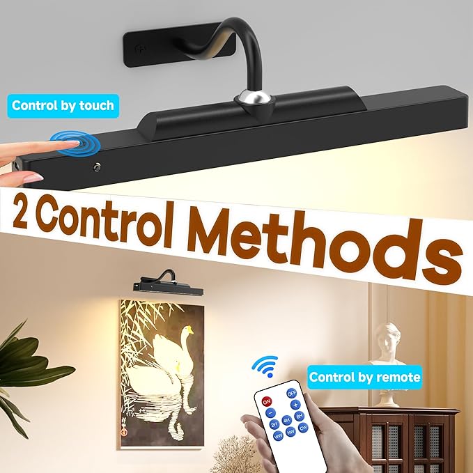 Picture Light, 4400mAh Black Rechargeable Battery Operated Wireless Art Light, Cordless Dimmable Remote Magnetic Lighting for Wall Art Frame Gallery (12 in, 2 Pack)