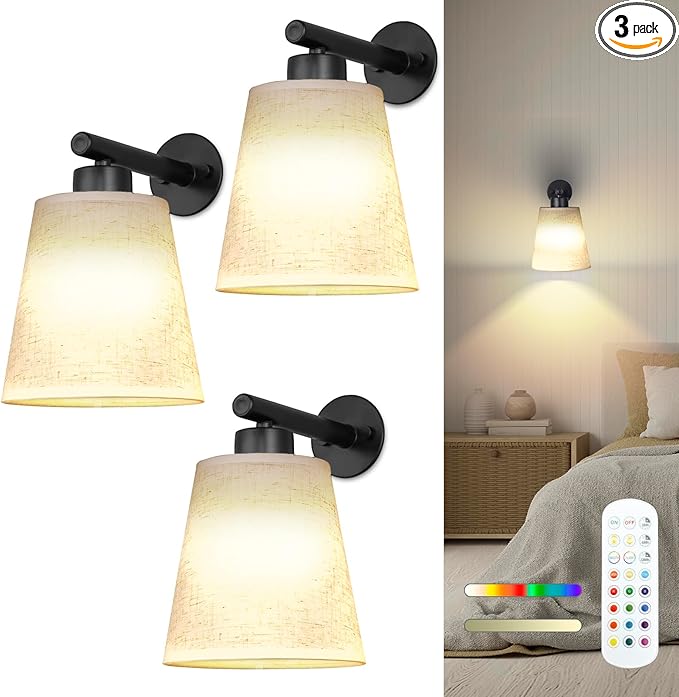 Battery Operated Wall Sconce Set of 2,Gold Rechargeable Wall Lights with Lampshade Dimmable RGB Bulbs and Remote,15 Colors Wireless Wall Lamps for Bedroom Living Room (Black-3P)