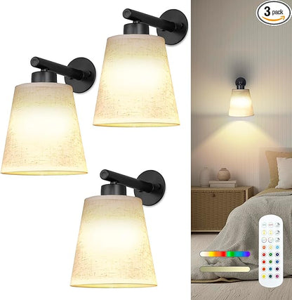 Battery Operated Wall Sconce Set of 2,Gold Rechargeable Wall Lights with Lampshade Dimmable RGB Bulbs and Remote,15 Colors Wireless Wall Lamps for Bedroom Living Room (Black-3P)