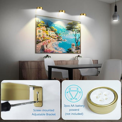 4 Pack Gold Battery Operated Picture Light, Wireless Picture Lights for Wall with Remote Dimmable Timer, Lighting Modes Pictures Frame Light for Artworking, Magnetic Painting Lights Wall Decor