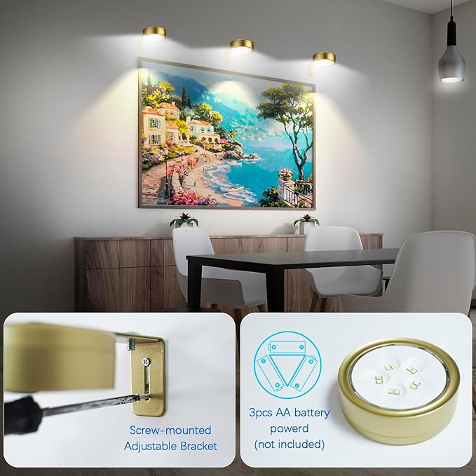 3 Pack Gold Battery Operated Picture Light, Wireless Picture Lights for Wall with Remote Dimmable Timer,3 Lighting Modes Pictures Frame Light for Artworking,Magnetic Painting Lights Wall Decor