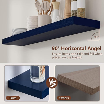 fuqing Dark Blue Floating Shelves 36 Inch, Solid Wooden Wall Shelves Set of 2, Rustic Floating Wall Shelves for Decor & Storage for Living Room Bedroom Bathroom