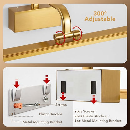 Picture Light,Picture Lights for Wall Cordless,Picture Lights with Timer and Dimmable,Battery Wall Lights for Display Gallery Painting Art Frame Portrait-L Brass