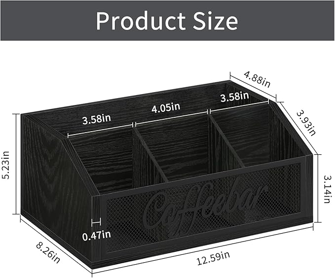 YINMIT Coffee Station Organizer for Countertop, Wood Coffee Bar Organizer with Removable Dividers for Pods, Syrup, Cups, Stirrer, Tea - Office Bar Accessories, Iron Mesh-Black