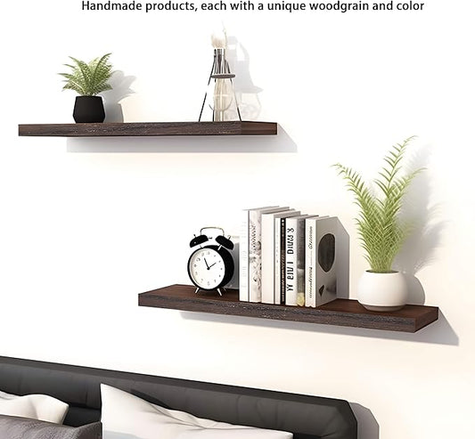 PHPH 24 Inch Wood Floating Shelves for Wall, Wooden Wall Shelves for Bedroom, Set of 4 Brown
