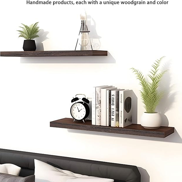 PHPH 24 Inch Wood Floating Shelves for Wall, Wooden Wall Shelves for Bedroom, Set of 4 Brown