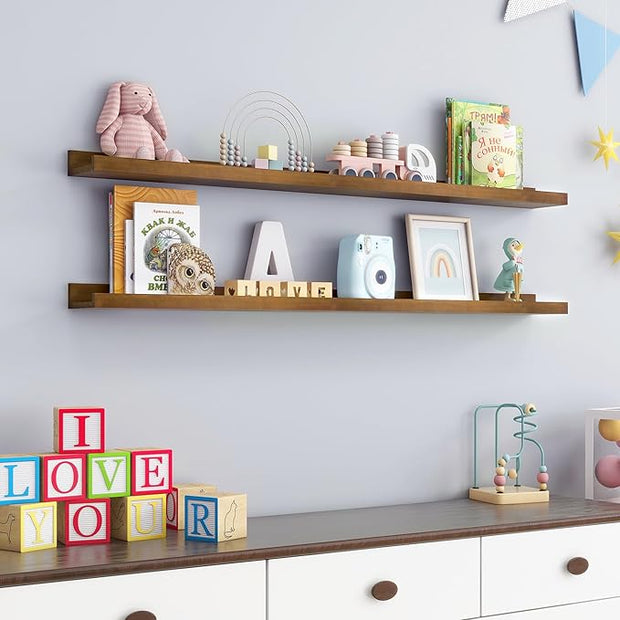 Picture Ledge Shelf, Floating Shelves Set of 2, Solid Ash Wood 48'' Long Large Nursery Book Shelves for Toys Storage, Kids Bookshelf for Living Room Bedroom Decor Books Photo Frames, Walnut