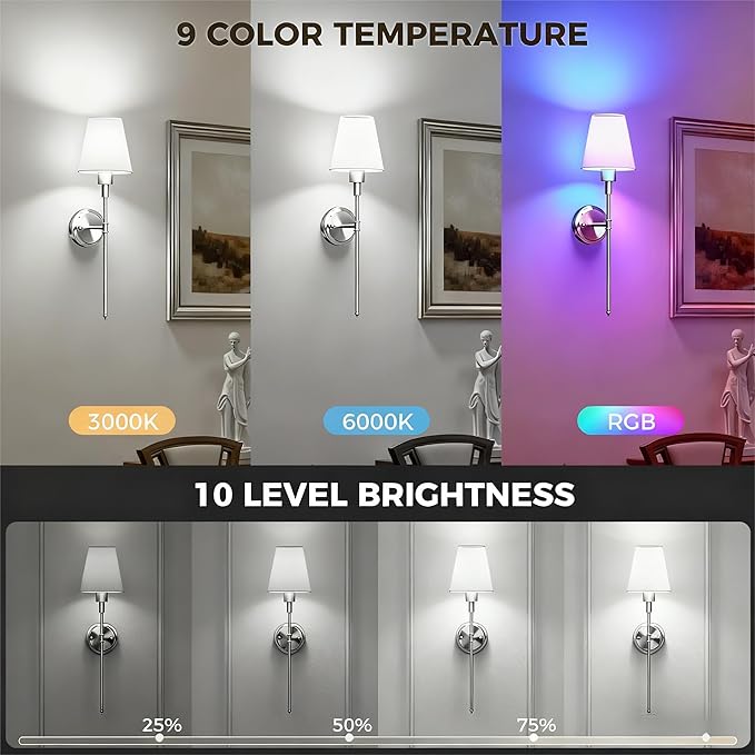 DORESshop Battery Operated Wall Sconce Set of 2, Wireless Wall Light Easy to Install, 7 Color Rechargeable Wall Sconces, Sconce Wall Decor Set of 2 for Bedroom, Living Room, Chrome, 24.6in