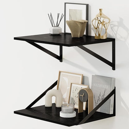 Fun Memories Floating Shelves for Wall, 12 Inch Deep Floating Shelves Set of 2, 16W x 12D Large Wall Shelf with Sturdy Metal Brackets for Living Room, Bathroom, Bedroom and Kitchen, Black