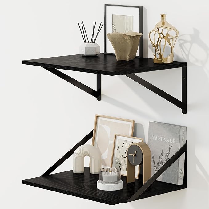 Fun Memories Floating Shelves for Wall, 12 Inch Deep Floating Shelves Set of 2, 16W x 12D Large Wall Shelf with Sturdy Metal Brackets for Living Room, Bathroom, Bedroom and Kitchen, Black