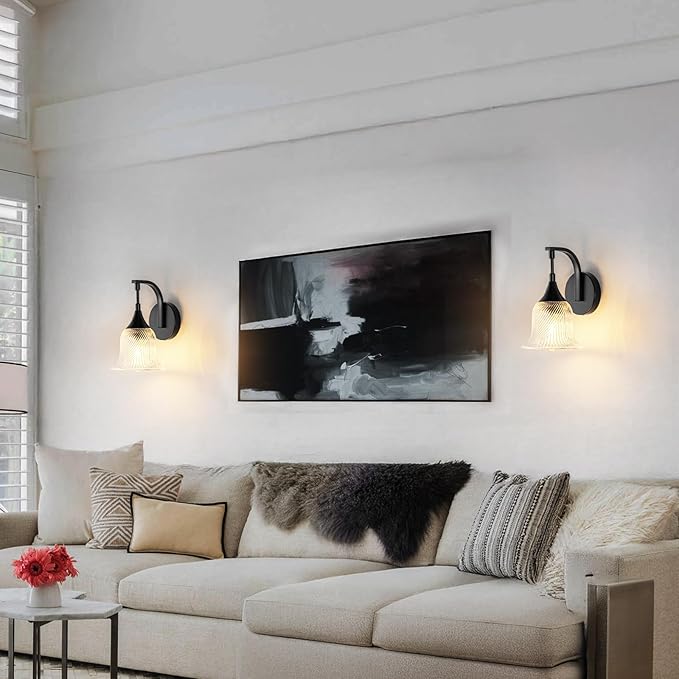 1-Light Black Wall Light,Bathroom Wall Sconce Modern Sconce Light Indoor with Textured Glass Shade,Hardwired Wall Sconce for Living Room Hallway Bedroom Kitchen(E26