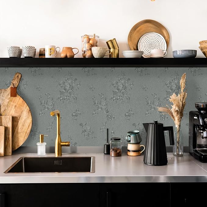 Grey Floral Peel and Stick Wallpaper Embossed Contact Paper 17.7 inch x 196.8inch Floral Contact Paper Pure Solid Grey Waterproof Gray Flower Wall Vinyl Self Adhesive Decorative Vinyl