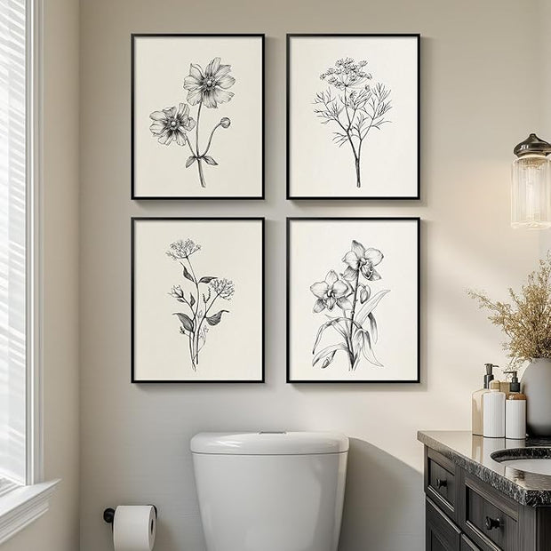 Framed Black and White Bathroom Wall Art, 4 Piece Vintage Floral Canvas Prints Artwork for Farmhouse, Rustic Minimalist Flower Botanical Pictures for Bedroom Living Room Wall Decor, 8x10x4 (Pack)