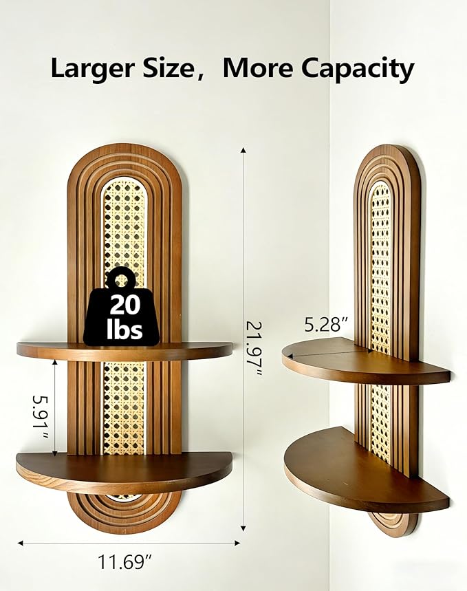 Floating Shelves for Wall,Boho Home Wall Decor,2-Tier Rattan Plant Shelf,Mid Century Hanging Small Decorative Shelf,Natural Wood Shelves for Living Room,Bedroom,House,Office,1-Pack (Walnut)