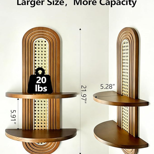 Floating Shelves for Wall,Boho Home Wall Decor,2-Tier Rattan Plant Shelf,Mid Century Hanging Small Decorative Shelf,Natural Wood Shelves for Living Room,Bedroom,House,Office,1-Pack (Walnut)