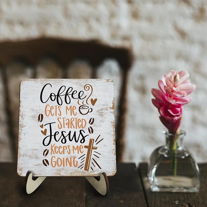 Inspirational Coffee Sign Rustic Desk Decor Decorative Christian Religious Bible Verse Faith Decoration for Home Farmhouse Bedroom Office Coffee Bar Table Shelf Tiered Tray Plaque with Wood Stand