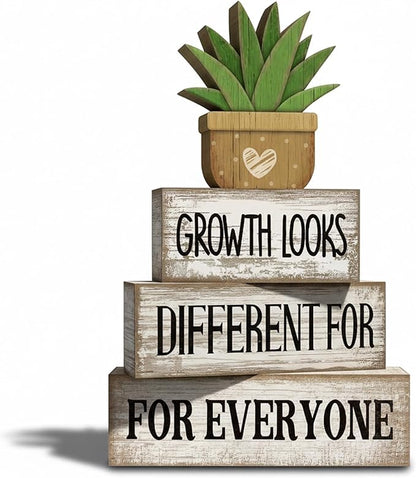 4 Pcs Inspirational Farmhouse Table Decor Growth Looks Different for Everyone Rustic Stacked Wooden Block Signs with Inspirational Quote Artificial Succulent for Home, Office, Shelf Gift