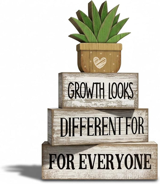 4 Pcs Inspirational Farmhouse Table Decor Growth Looks Different for Everyone Rustic Stacked Wooden Block Signs with Inspirational Quote Artificial Succulent for Home, Office, Shelf Gift