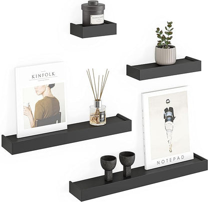 Ballucci Modern Ledge Wall Shelves, Set of 4 Wood Floating Shelves for Bedroom, Bathroom, Living Room, Kitchen, Nursery, Black