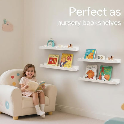 Scalloped Baby Book Shelf,Floating Shelves for Wall Set of 4 Solid Pine Wood Nursery Bookshelves with Wave Lip for Bedroom Kids, Toddler Room, Baby Room, Nursery Decor(White,40cm)