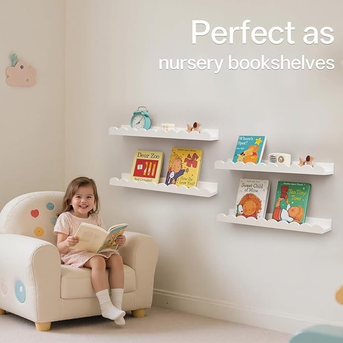 Nursery Book Shelves, Scalloped Floating Shelves 24inch Set of 2 Solid Pine Wood Wall Mounted Bookshelf with Wave Lip for Bedroom Kids, Toddler Room, Baby Room