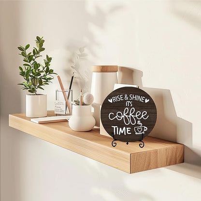Coffee Desk Decor Sign, Farmhouse Wood Plaque, It Is Coffee Time Wood Sign, Cafe Lover Gifts, Decor For Home Kitchen Table Top, Wooden Round Decorations With Stand-17